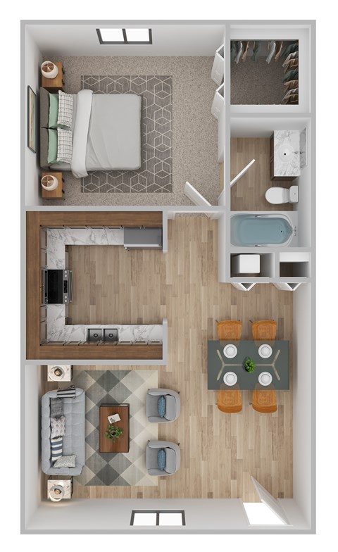 A top-down view of a small apartment with a bedroom, living room, and kitchen.